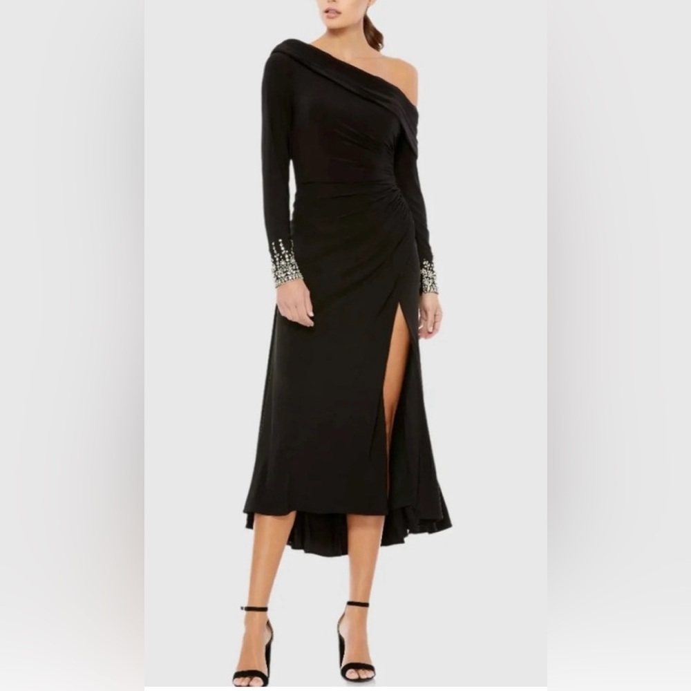 IEENA FOR MAC DUGGAL Black Fold over Long Sleeve Jeweled Midi Dress Size 6